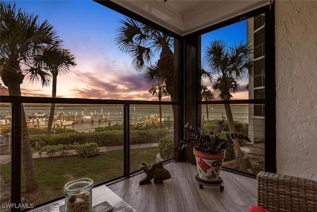 view of balcony at dusk