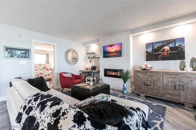 living room with a large fireplace and hardwood / wood-style flooring