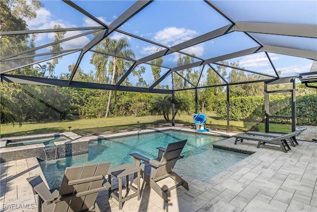 view of pool with a lawn, glass enclosure, an in ground hot tub, and a patio