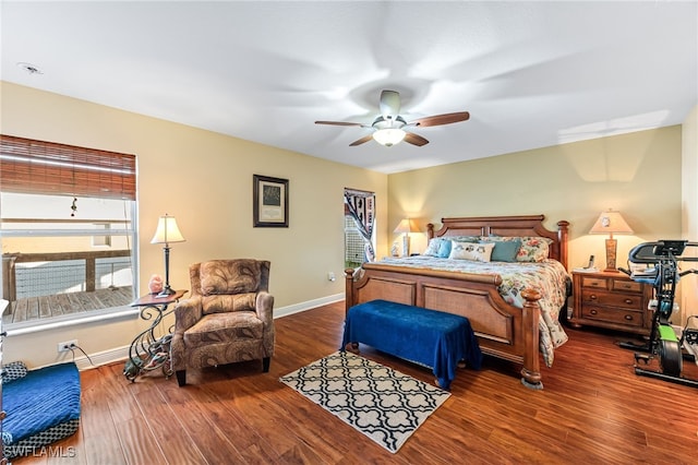 bedroom featuring dark hardwood / wood-style flooring and ceiling fan