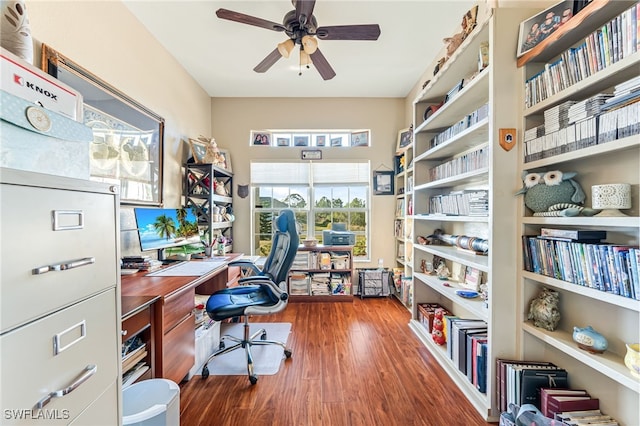 office with hardwood / wood-style floors and ceiling fan