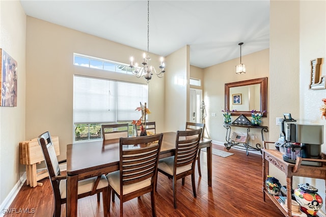 dining area with an inviting chandelier and dark wood-type flooring