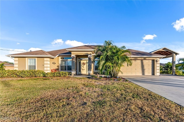 single story home with a garage and a front lawn