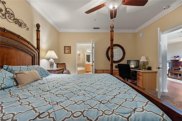 bedroom featuring hardwood / wood-style floors, ceiling fan, ornamental molding, and ensuite bath