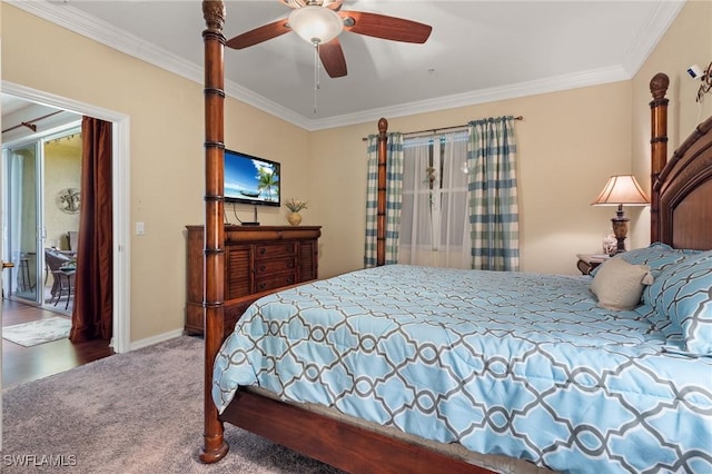14712 Calusa Palms Dr Unit 103, Fort Myers, FL 33919 - carpeted bedroom with crown molding, baseboards, and ceiling fan