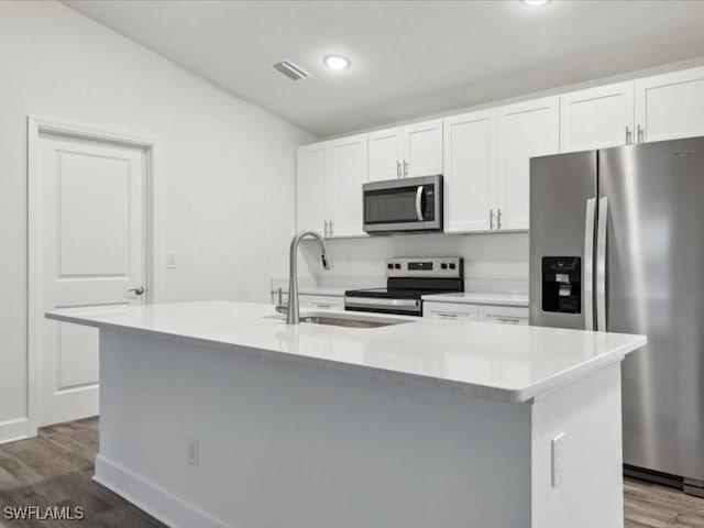 kitchen featuring a kitchen island with sink, sink, dark hardwood / wood-style floors, appliances with stainless steel finishes, and white cabinetry