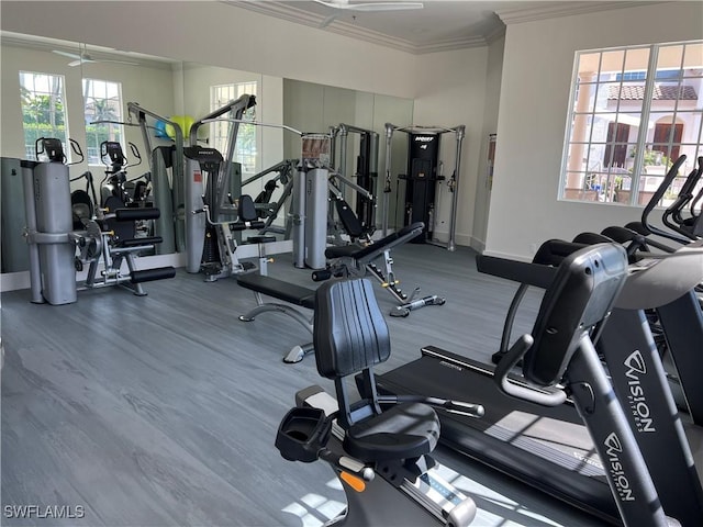 gym with a ceiling fan, baseboards, ornamental molding, and wood finished floors