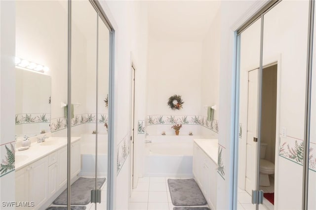 full bathroom featuring tile patterned flooring, vanity, plus walk in shower, and toilet