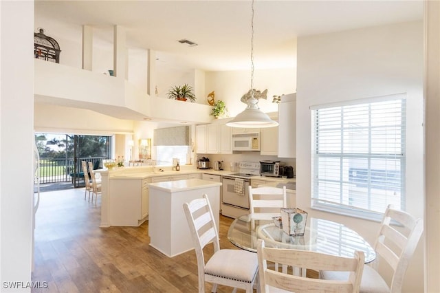 dining space featuring light hardwood / wood-style flooring, a high ceiling, and plenty of natural light