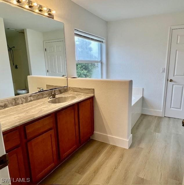 bathroom with hardwood / wood-style floors, a bathtub, vanity, and toilet