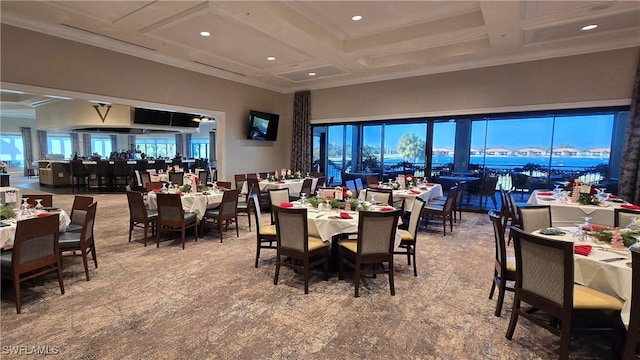 dining space with beamed ceiling, coffered ceiling, and ornamental molding