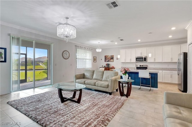 2122 Hamlin St, Naples, FL 34120 - living area featuring a chandelier, crown molding, light tile patterned floors, and recessed lighting