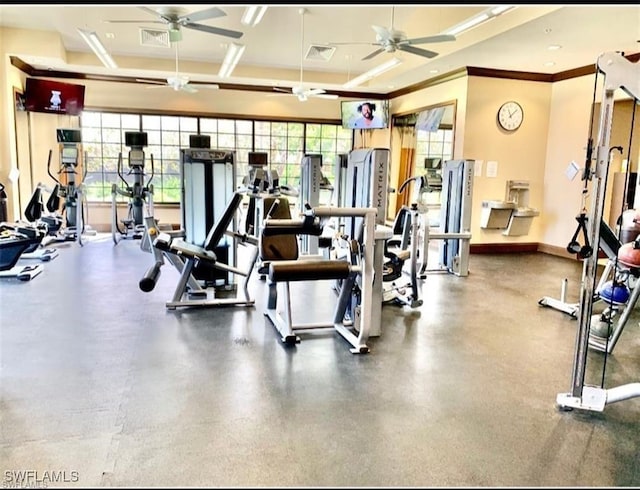 exercise room with crown molding, baseboards, ceiling fan, and a wealth of natural light