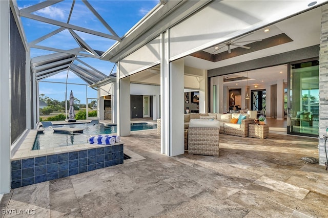 view of patio / terrace featuring ceiling fan, an outdoor living space, a swimming pool with hot tub, and glass enclosure