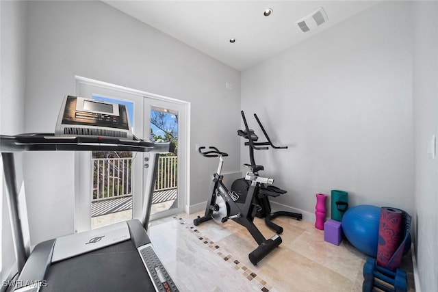 exercise room featuring a wealth of natural light and lofted ceiling