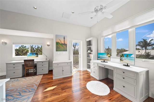 office area with dark hardwood / wood-style flooring and ceiling fan