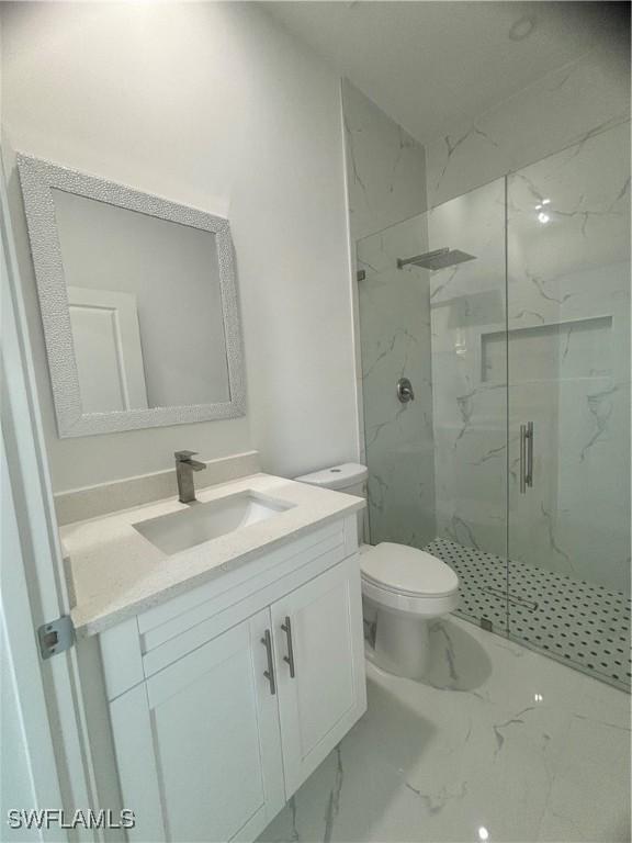 bathroom featuring vanity, an enclosed shower, and toilet