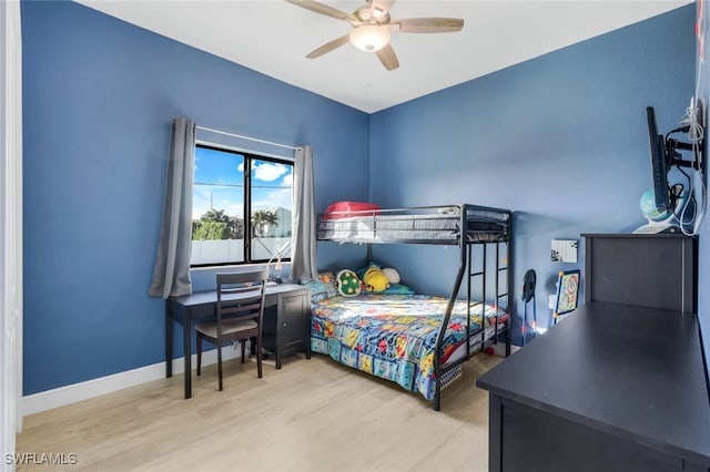 bedroom featuring ceiling fan and light wood-type flooring