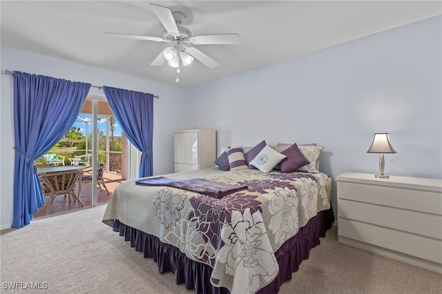 carpeted bedroom with access to exterior and ceiling fan