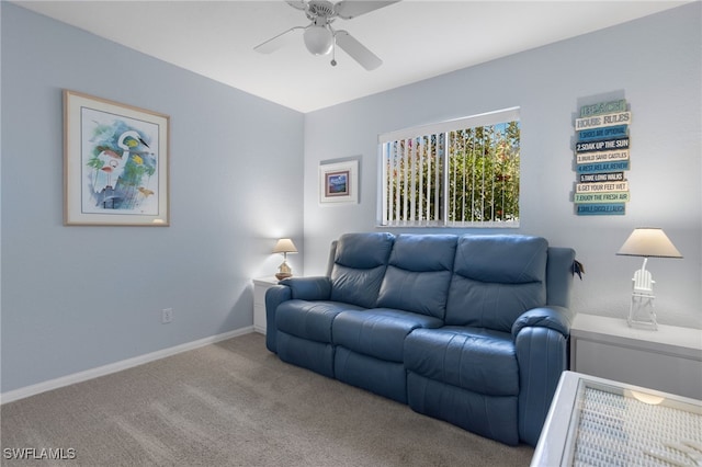 carpeted living room featuring ceiling fan