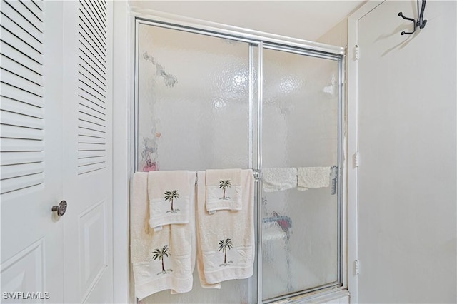 bathroom with a shower with door