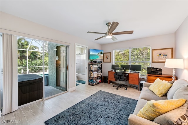 office area featuring a wealth of natural light, light hardwood / wood-style flooring, and ceiling fan