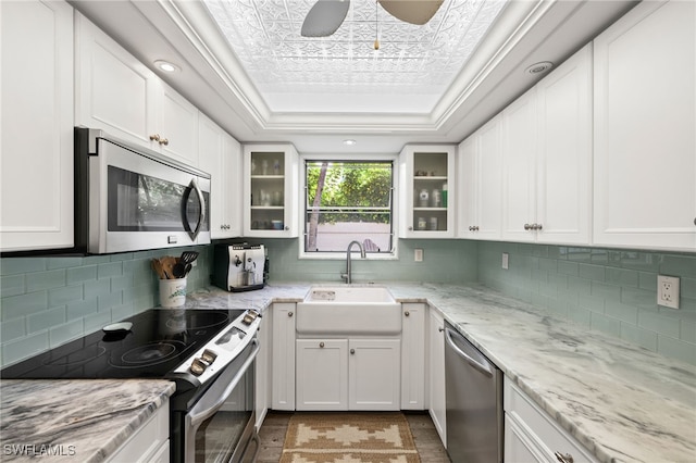 kitchen featuring sink, light stone countertops, a tray ceiling, white cabinetry, and stainless steel appliances