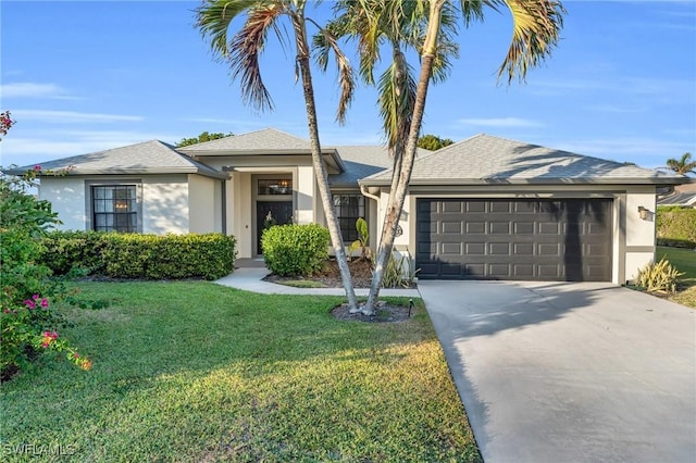 ranch-style home featuring a garage and a front lawn