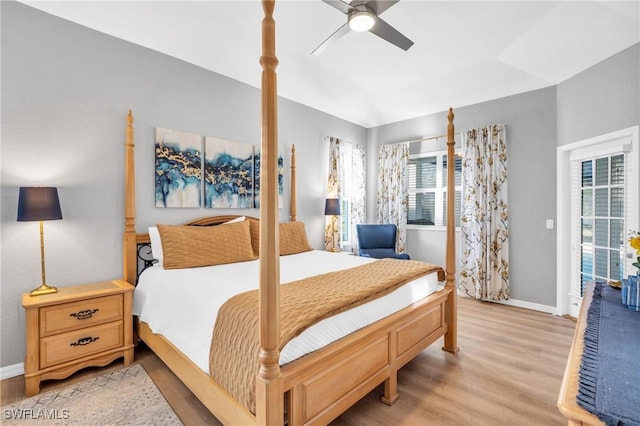 bedroom with ceiling fan and light hardwood / wood-style floors