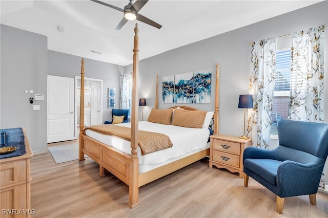 bedroom featuring ceiling fan and light hardwood / wood-style flooring