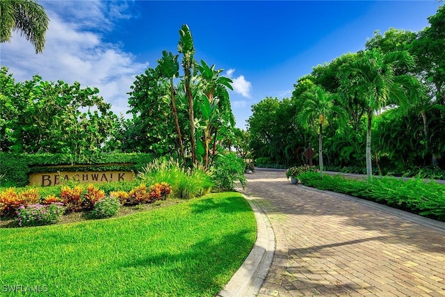 view of home's community featuring decorative driveway and a lawn