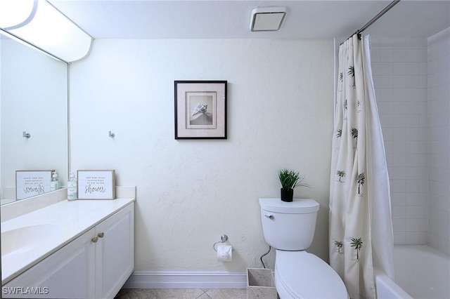 full bath featuring vanity, baseboards, tile patterned floors, toilet, and shower / tub combo with curtain