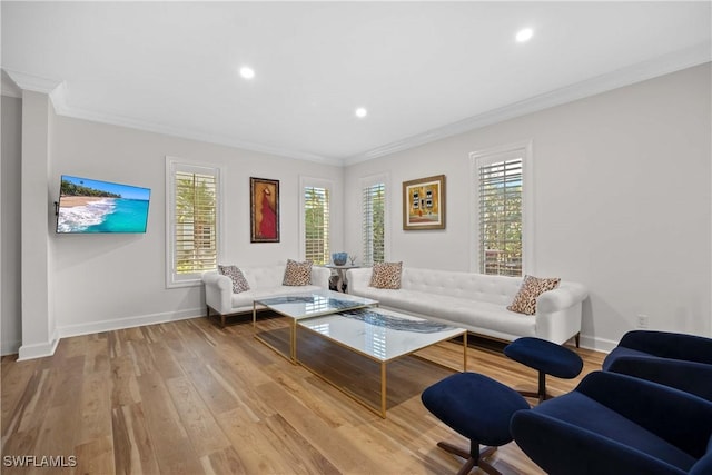 living room with a healthy amount of sunlight, ornamental molding, and light hardwood / wood-style flooring