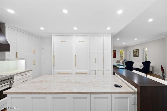 kitchen featuring white cabinets, light stone counters, crown molding, and stainless steel range