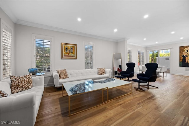 living room with crown molding and hardwood / wood-style floors