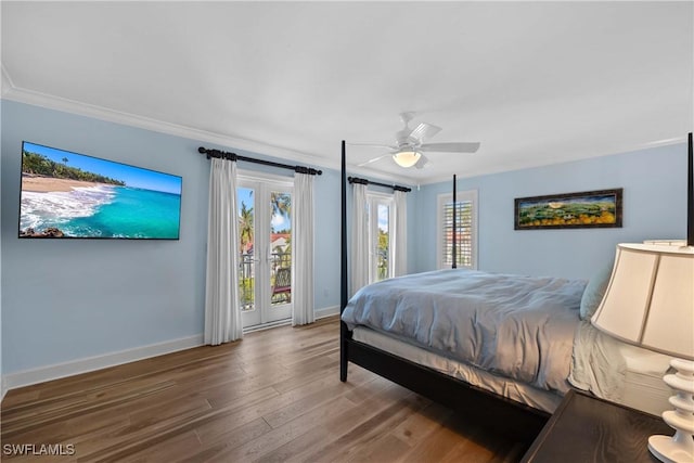 bedroom featuring access to exterior, wood-type flooring, ceiling fan, and ornamental molding