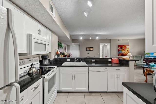 kitchen featuring white cabinets, kitchen peninsula, white appliances, and sink