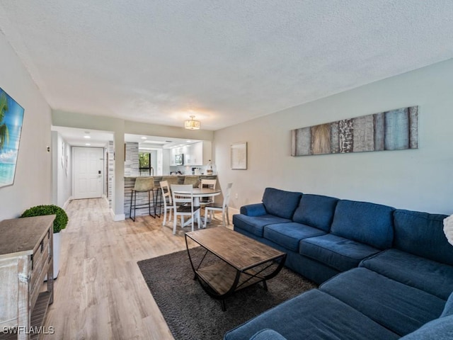 living room featuring a textured ceiling and light hardwood / wood-style flooring