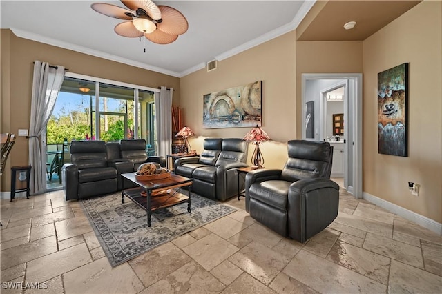 living area featuring stone tile floors, visible vents, baseboards, a ceiling fan, and crown molding