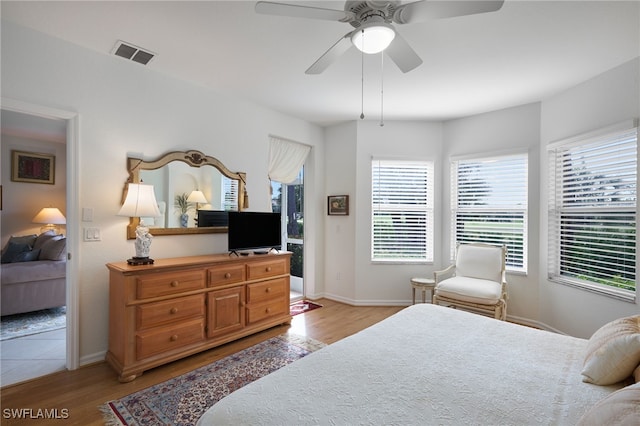 bedroom featuring ceiling fan and light hardwood / wood-style floors