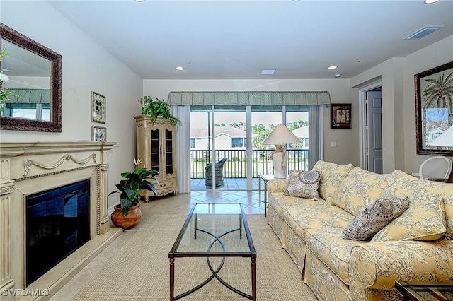 living room featuring light tile patterned floors