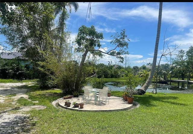 view of yard with a patio and a water view