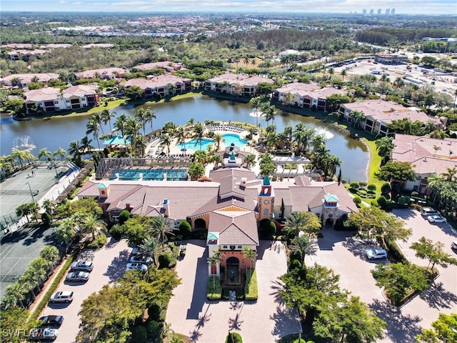 drone / aerial view with a water view