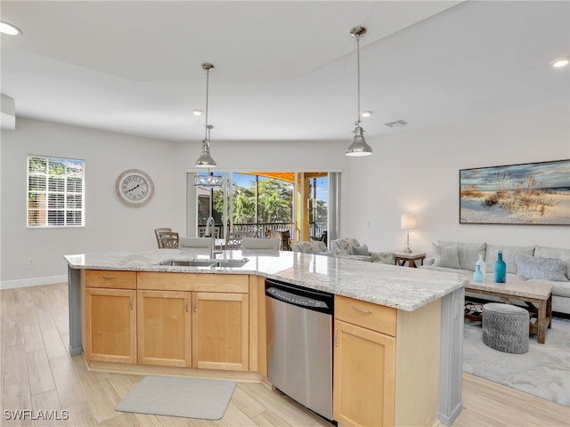 kitchen with dishwasher, sink, light brown cabinets, and pendant lighting