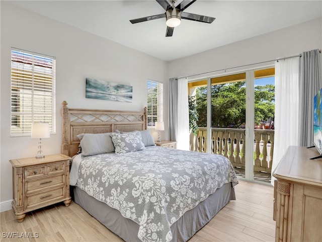 bedroom with ceiling fan, access to exterior, and light hardwood / wood-style flooring