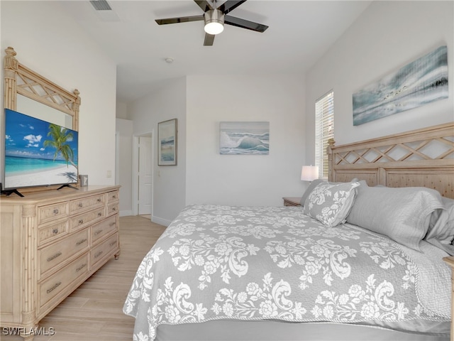 bedroom featuring ceiling fan and light wood-type flooring