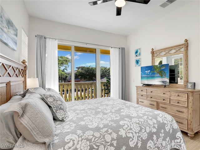 bedroom featuring access to outside, ceiling fan, and light hardwood / wood-style floors