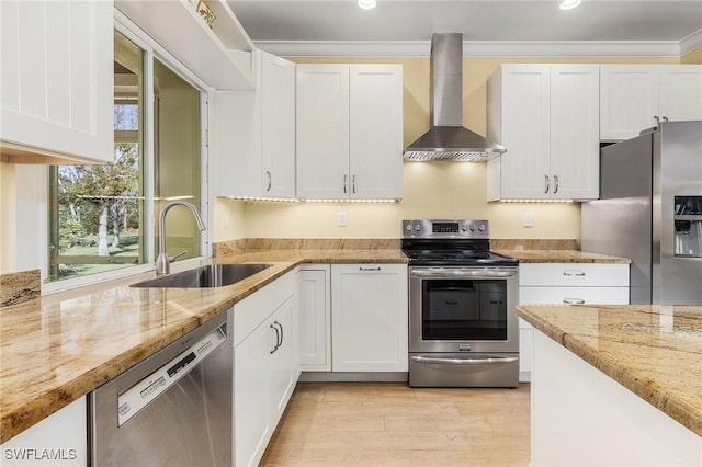 kitchen featuring white cabinets, appliances with stainless steel finishes, sink, and wall chimney range hood