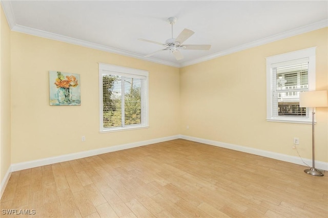 unfurnished room featuring crown molding, ceiling fan, and light wood-type flooring