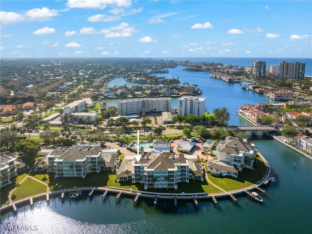 bird's eye view with a water view